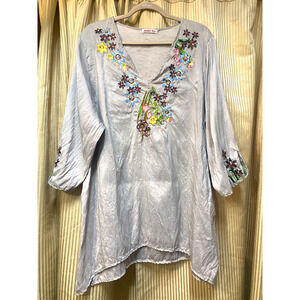 Johnny Was Shirt Womens 3X Gray Embroidered V Neck Boho Flowy Tunic Top